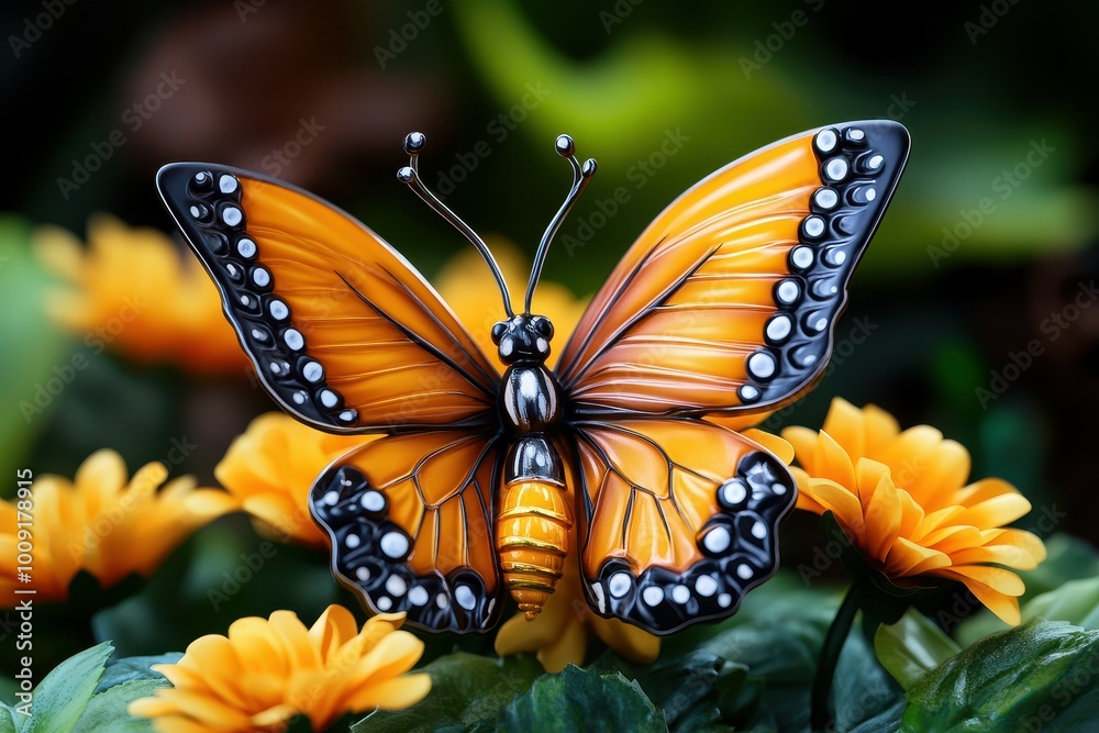 A close-up of a metal butterfly sculpture with orange wings and black and white details, perched on a flower.