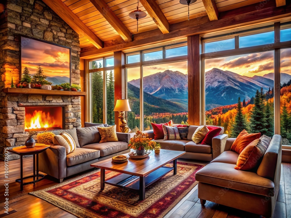 Cozy mountain interior design featuring natural materials, warm colors, and a stunning view of nature