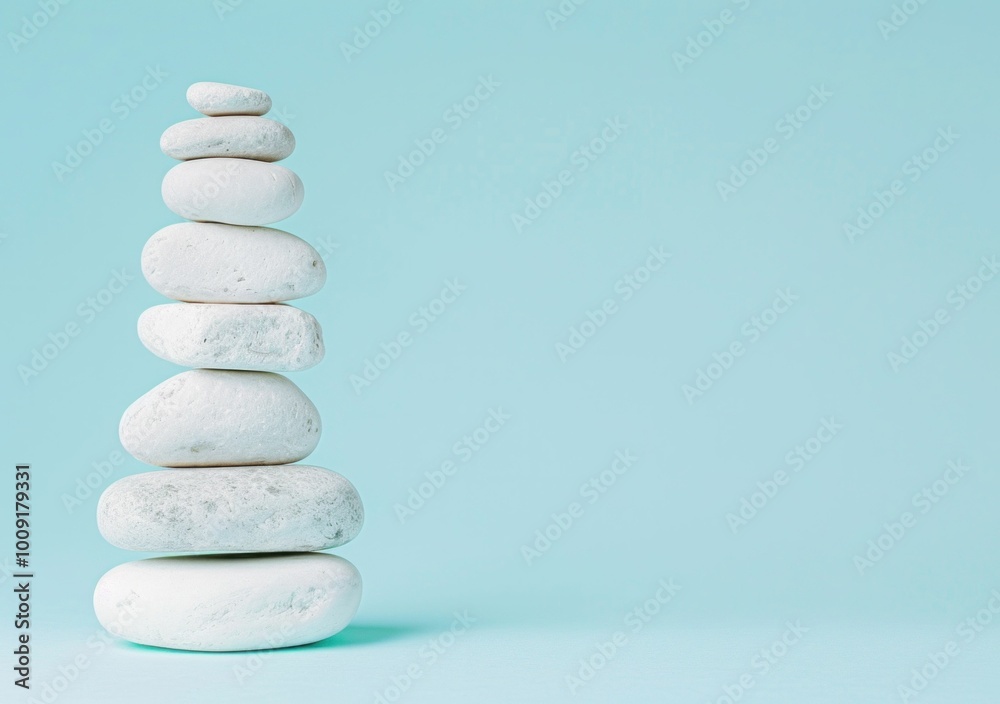 Stack of smooth white stones on a light blue background, symbolizing balance and tranquility Stack of smooth white stones on a light blue background, symbolizing balance and tranquility