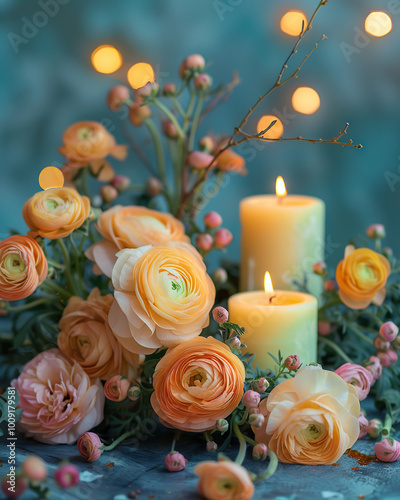 cute cozy candle in flowers