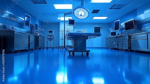 Modern Hospital Operating Room with State-of-the-Art Equipment and Surgical Lights photo