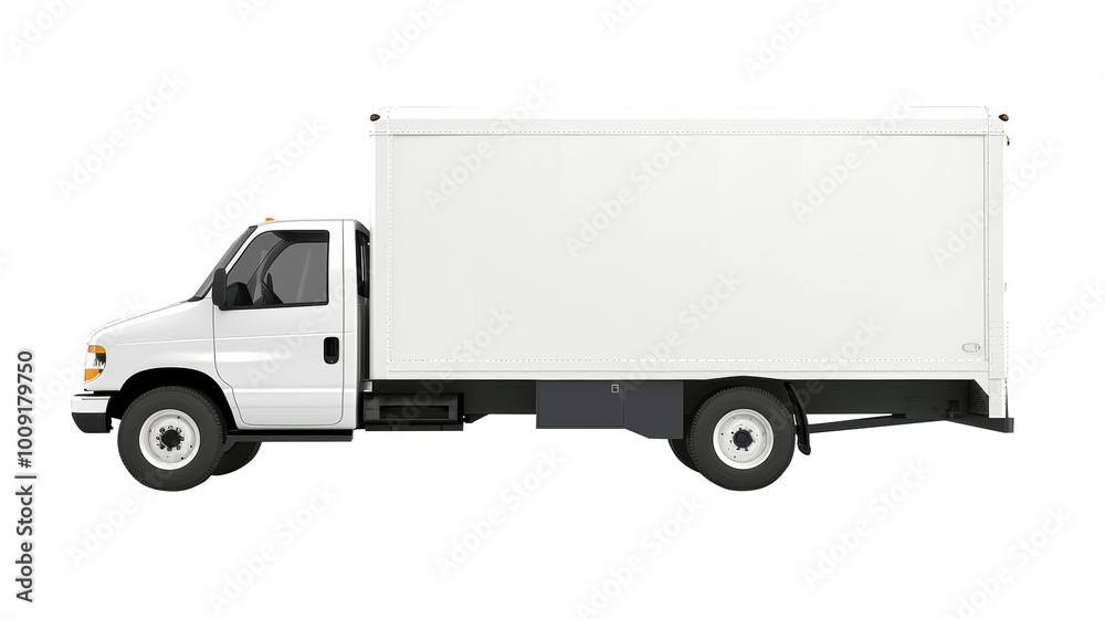 White delivery truck side view mockup isolated on transparent background, PNG, cutout White delivery truck side view mockup isolated on transparent background, PNG, cutout