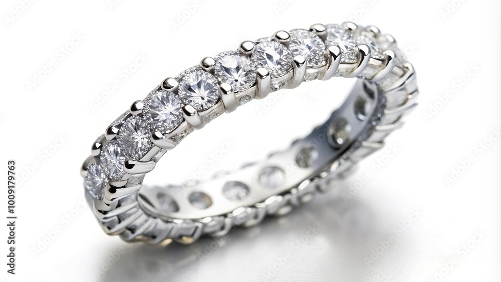 Elegant white gold eternity band with diamonds and emeralds macro close-up Elegant white gold eternity band with diamonds and emeralds macro close-up