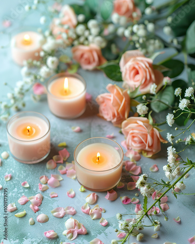 cute cozy candle in flowers photo