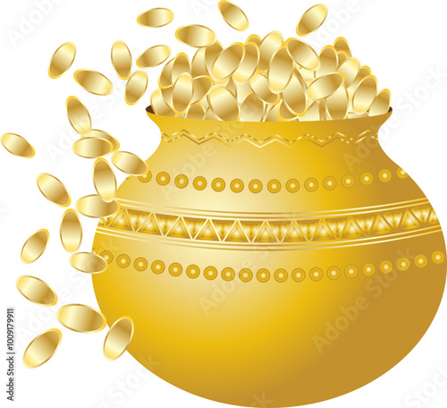 Illustration of a golden pot kalash with golden coins for Dhanteras , Diwali Indian festivals decoration, banner, flyer