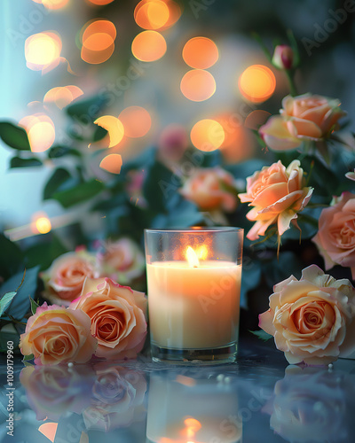 cute cozy candle in flowers photo