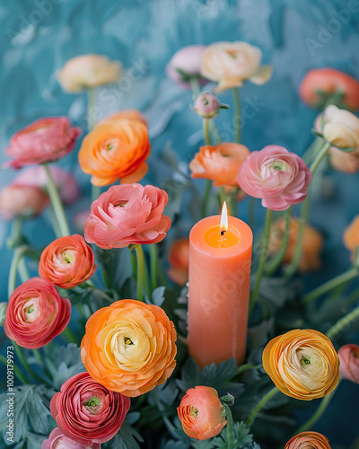 cute cozy candle in flowers photo