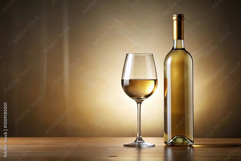 Elegant white wine bottle and glass on plain background, double exposure Elegant white wine bottle and glass on plain background, double exposure
