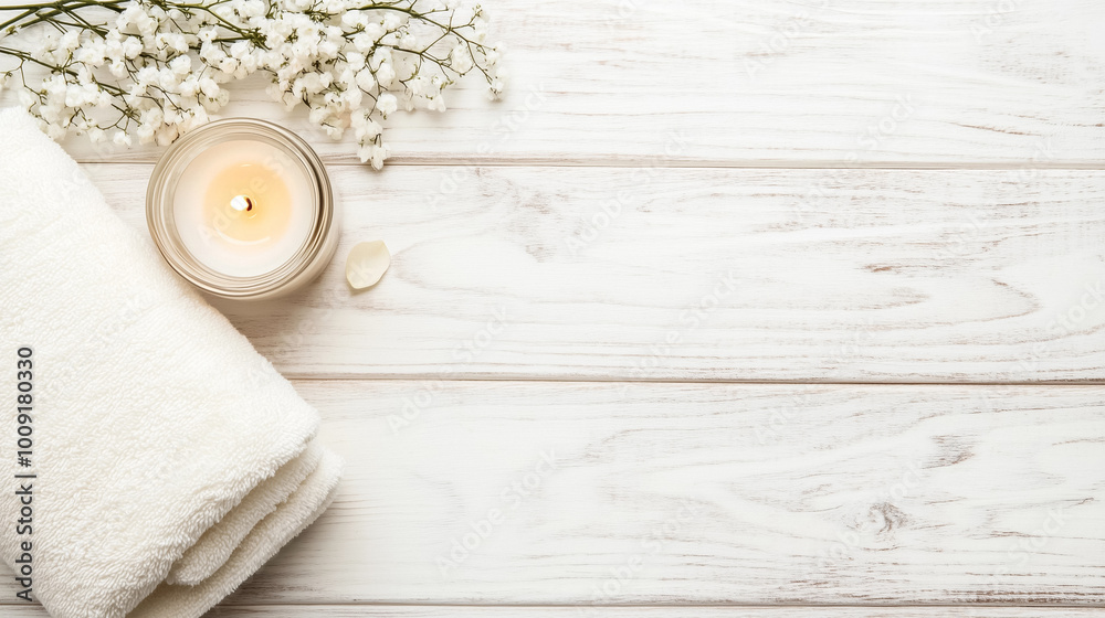 A relaxing spa setting with candles, white towels, and flower petals arranged on a wooden surface. The ambiance promotes tranquility and self-care with soft lighting and natural materials. A relaxing spa setting with candles, white towels, and flower petals arranged on a wooden surface. The ambiance promotes tranquility and self-care with soft lighting and natural materials.