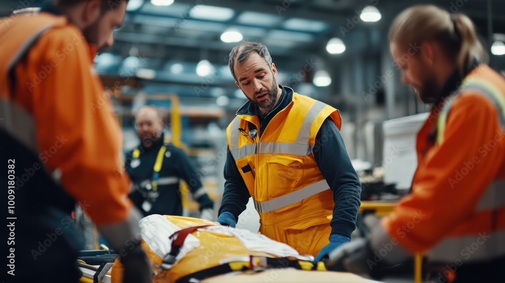 A worker receiving treatment for a back injury after lifting a heavy load, while coworkers assist paramedics in securing the scene A worker receiving treatment for a back injury after lifting a heavy load, while coworkers assist paramedics in securing the scene