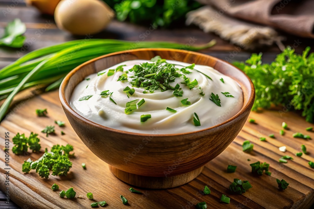 Creamy and Tangy Sour Cream in a Bowl with Fresh Herbs Ready for Dipping or Cooking Use