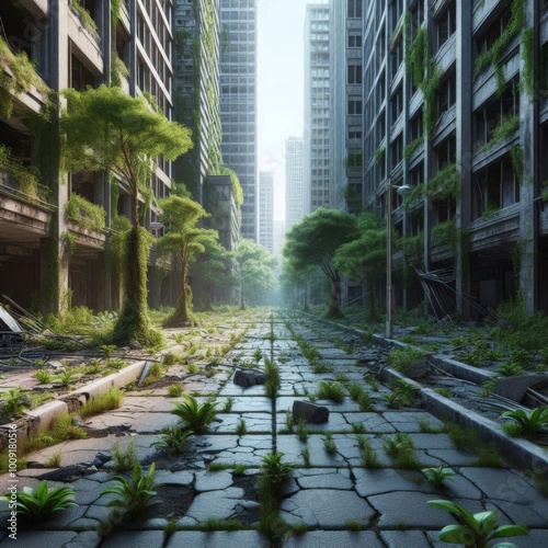 A deserted city street overrun with lush vegetation as nature reclaims the space. The once bustling urban area now appears tranquil and green, symbolizing the power of nature over man-made photo