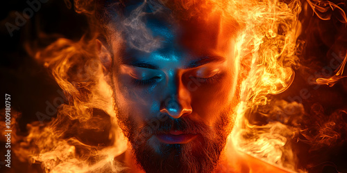 A Man's Face Immersed in a Dramatic Swirl of Orange and Blue Smoke, Creating a Surreal and Intriguing Visual.