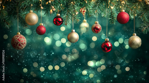 Elegant Christmas Ornaments Hanging from Green Pine Branches with Warm Bokeh Lights