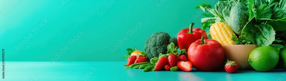 Fresh vegetables and fruits arranged on a turquoise background, showcasing vibrant colors and healthy options. Fresh vegetables and fruits arranged on a turquoise background, showcasing vibrant colors and healthy options.