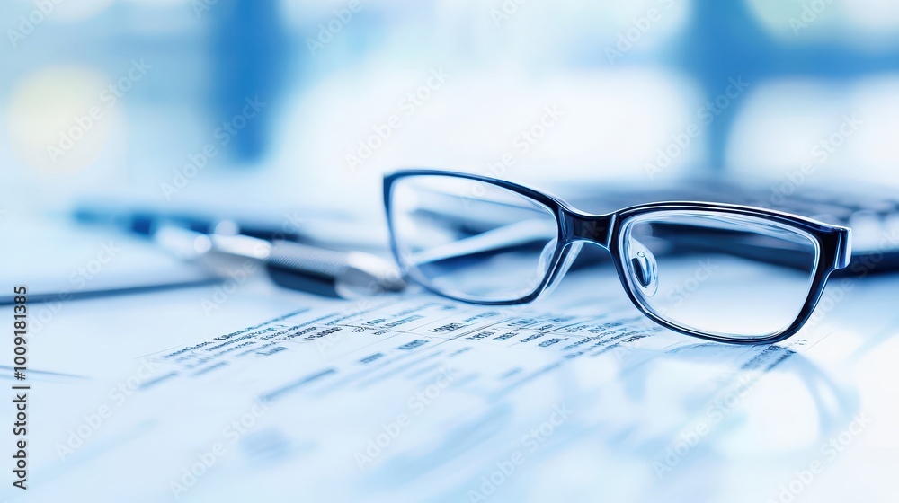 Glasses resting on a financial document with a pen, symbolizing office work and analysis. Glasses resting on a financial document with a pen, symbolizing office work and analysis.