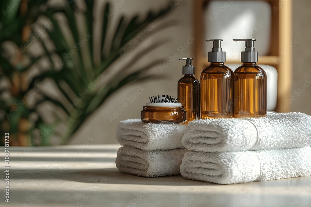 Spa setting with amber bottles and soft towels in a serene environment Spa setting with amber bottles and soft towels in a serene environment