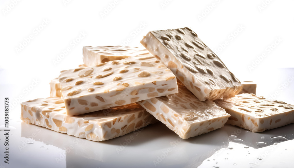 Raw tempeh or tempe pile with water drops on a pitch solid white background Raw tempeh or tempe pile with water drops on a pitch solid white background