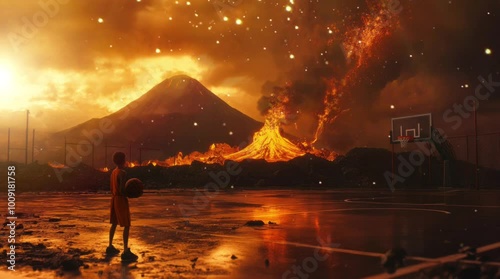 someone who is playing basketball on a basketball court with a volcano in the background. Virtual 4K video animation background with looping time lapse with very smooth graphics.