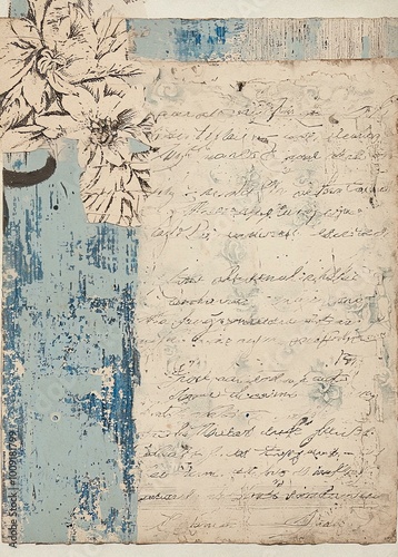 Mixed Media Vintage Paper Collage with Antique Script in Blue and Beige Tones