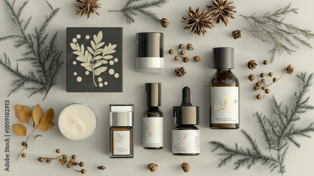 A collection of beauty products are displayed on a table with pine needles A collection of beauty products are displayed on a table with pine needles