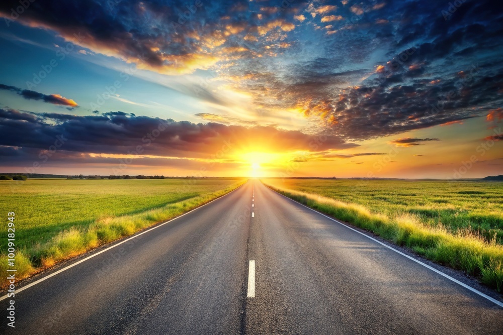 Empty asphalt road and meadow at sunset with wide angle view Empty asphalt road and meadow at sunset with wide angle view