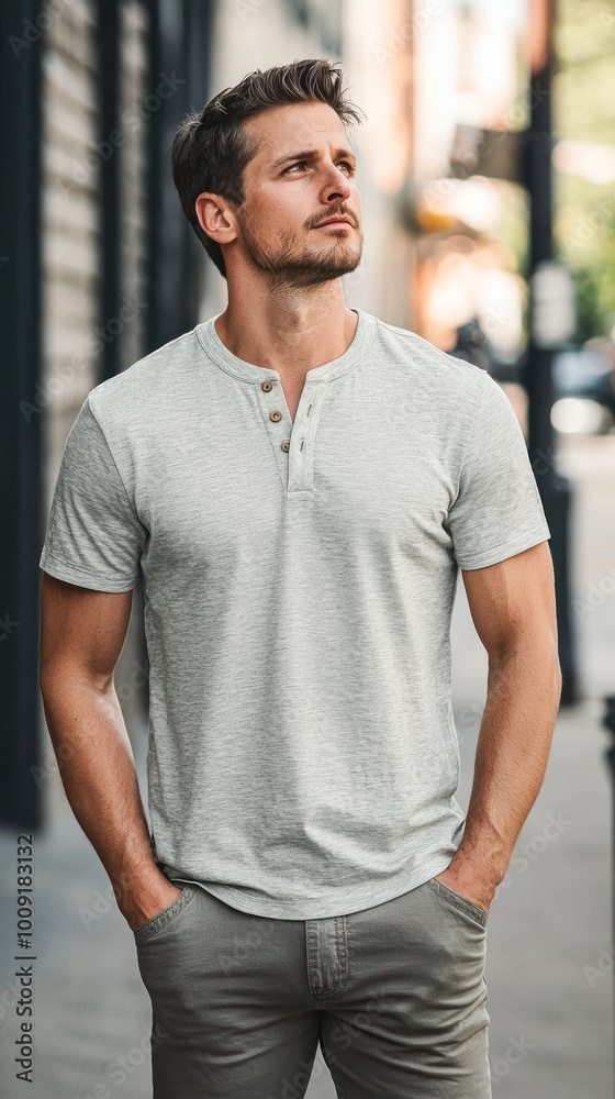 Short-sleeve henley shirt with a classic design, perfect for casual summer outfits. Short-sleeve henley shirt with a classic design, perfect for casual summer outfits.
