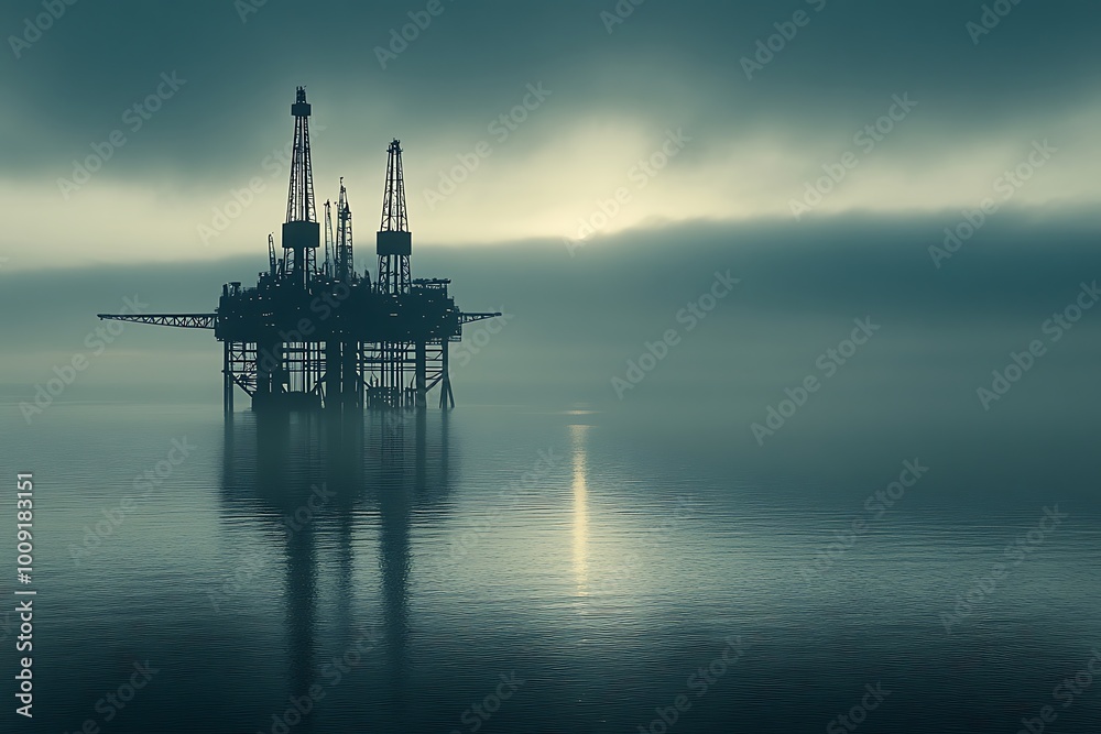 Oil Rig Silhouette in a Misty Ocean Oil Rig Silhouette in a Misty Ocean