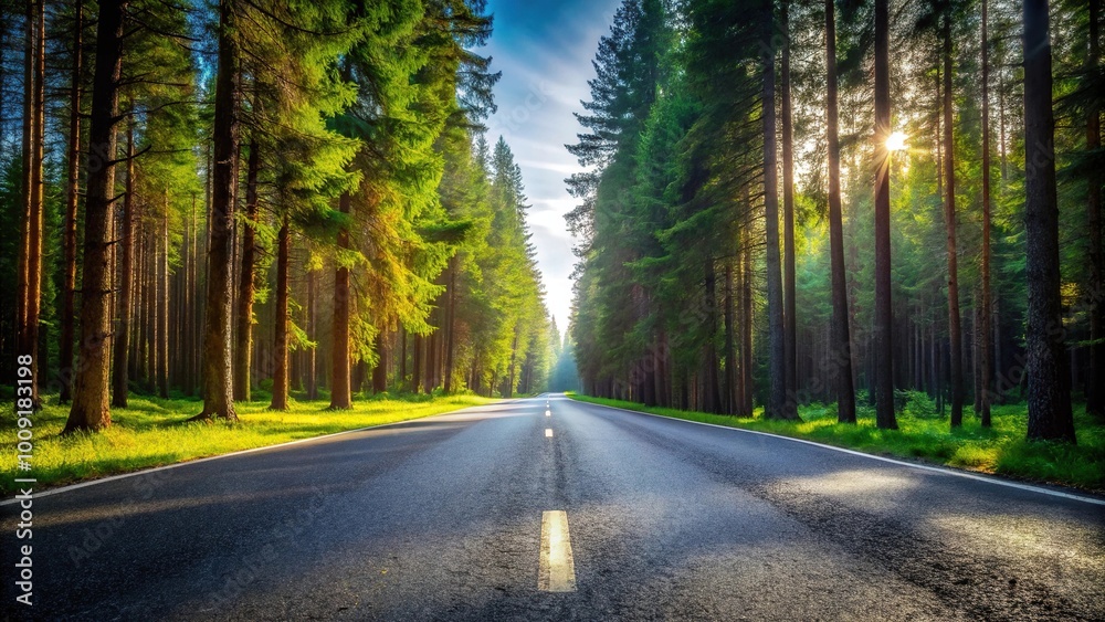 Fototapeta premium Empty asphalt road in the coniferous forest with tilted angle