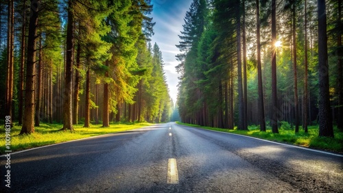 Empty asphalt road in the coniferous forest with tilted angle