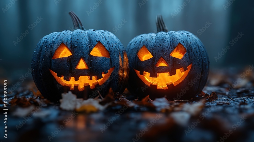 Spooky halloween pumpkins in forest. Scary halloween background with free space for text. Jack-o-lantern on a wooden table Spooky halloween pumpkins in forest. Scary halloween background with free space for text. Jack-o-lantern on a wooden table