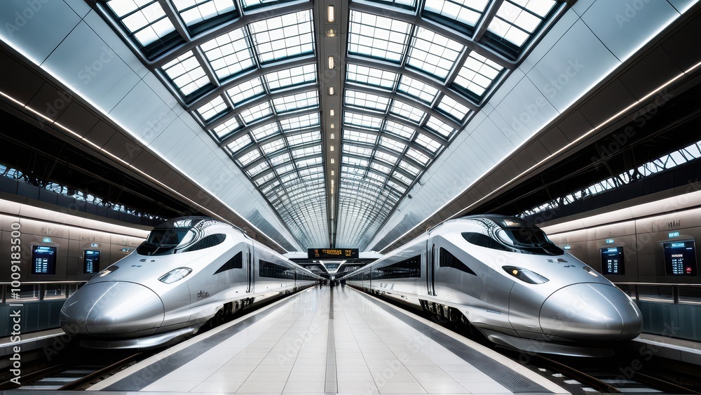 Naklejka premium Futuristic railway station with a high-speed train: A powerful train in a sleek terminal with glass panels and a curved roof, where passengers wait. Perfect for advanced transportation themes.