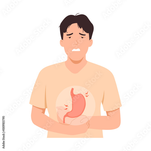 Man has stomach acid problem, gastritis. Intestinal bacterial infection. Flat vector illustration on white background