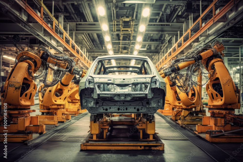 Fototapeta premium Car assembly line with robotic arms