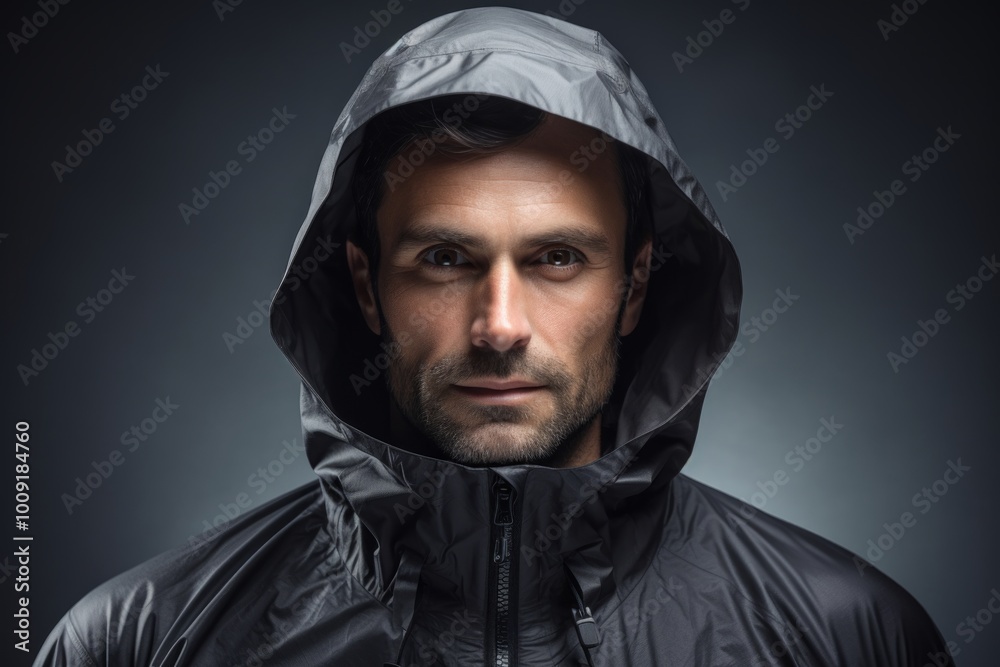 Portrait of a satisfied man in his 30s wearing a windproof softshell in front of modern minimalist interior Portrait of a satisfied man in his 30s wearing a windproof softshell in front of modern minimalist interior