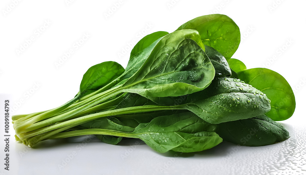 Spinach vegetable pile with water drops on a pitch solid white background Spinach vegetable pile with water drops on a pitch solid white background