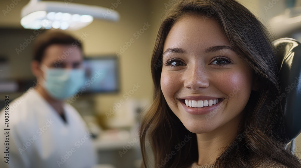 Fototapeta premium A young woman smiles brightly after a dental appointment, with h