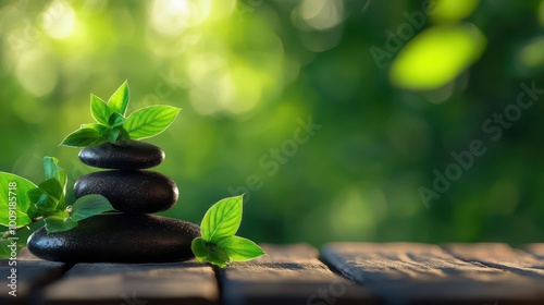 Balanced stones with green leaves on a wooden surface in a tranquil nature setting.