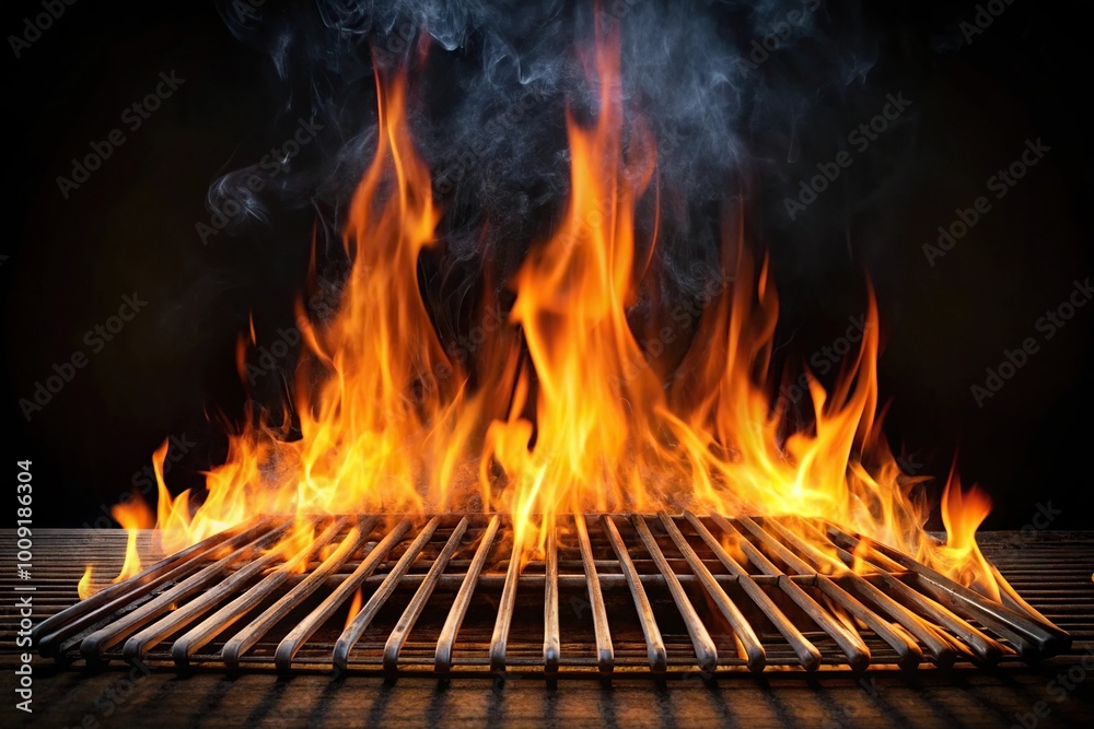 Empty burning grill BBQ with flames on black background Low Angle Empty burning grill BBQ with flames on black background Low Angle