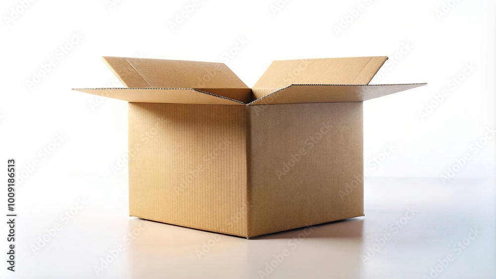 Empty cardboard box mockup on a bright white background with shallow depth of field Empty cardboard box mockup on a bright white background with shallow depth of field