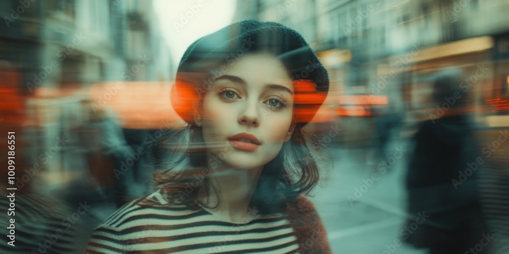 Obraz premium Festive gathering of joyful individuals in berets and striped shirts, vibrant atmosphere, softly blurred city skyline in the background