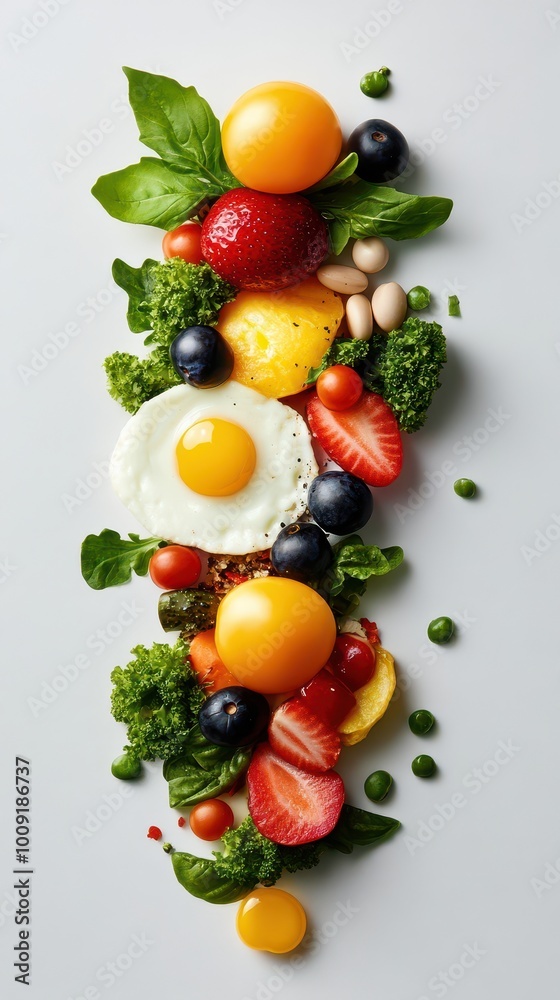 Colorful arrangement of fresh vegetables and fruits with an egg on a white background.
