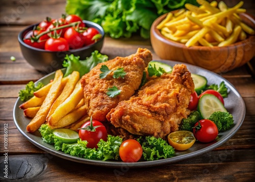 Crispy and Juicy Broasted Chicken Served with Golden French Fries and Fresh Vegetables on Plate