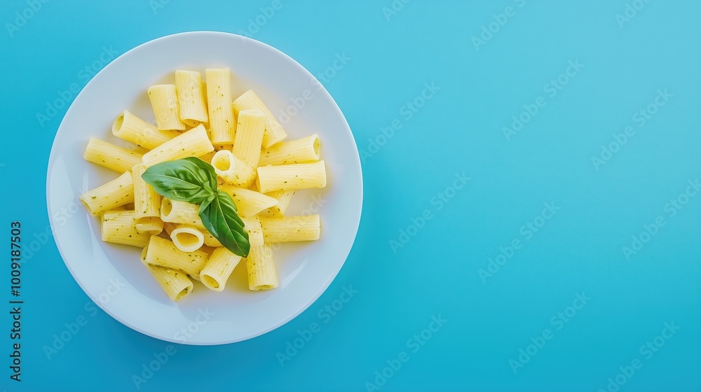Plate of rigatoni pasta with fresh basil leaves, placed on a light blue background for a clean, minimalist presentation. Plate of rigatoni pasta with fresh basil leaves, placed on a light blue background for a clean, minimalist presentation.
