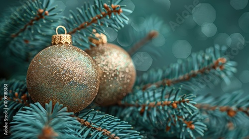 Festive Christmas scene with two shimmering gold ornaments hanging on a lush green pine tree branch, evoking a holiday spirit and winter cheer