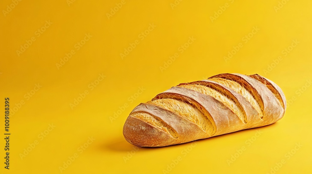 A fresh, golden-brown bread loaf on a vibrant yellow background, perfect for bakery and culinary-themed projects. A fresh, golden-brown bread loaf on a vibrant yellow background, perfect for bakery and culinary-themed projects.