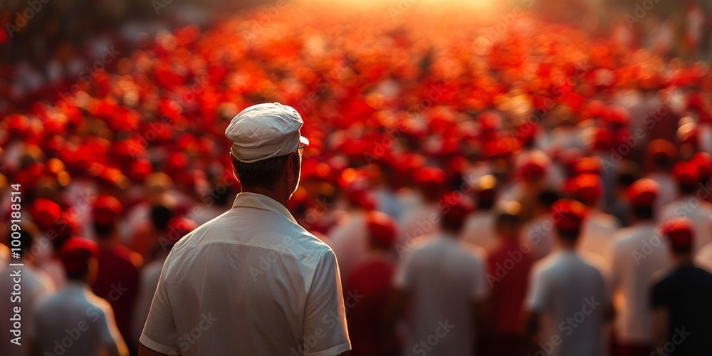 San Fermín Festival Spirit, a confident figure in white and red stands amidst a lively, blurred crowd, embodying the festival's vibrant energy. San Fermín Festival Spirit, a confident figure in white and red stands amidst a lively, blurred crowd, embodying the festival's vibrant energy.