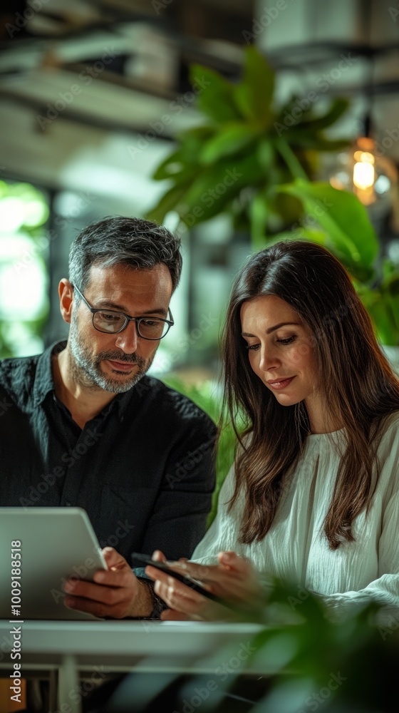 A man and a woman are looking at a tablet together A man and a woman are looking at a tablet together