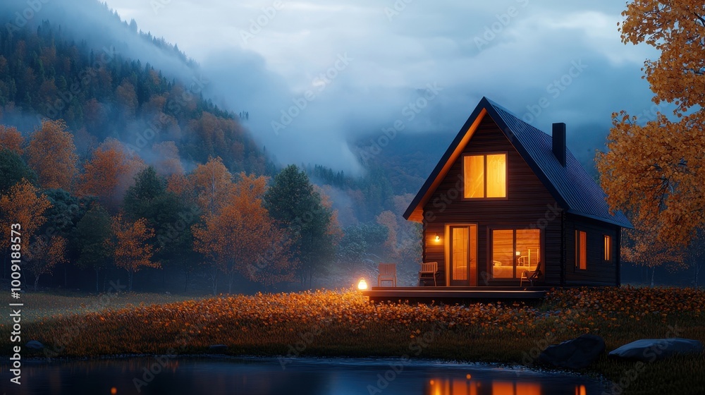 Autumn cabin in the woods, warm light, cozy atmosphere Autumn cabin in the woods, warm light, cozy atmosphere
