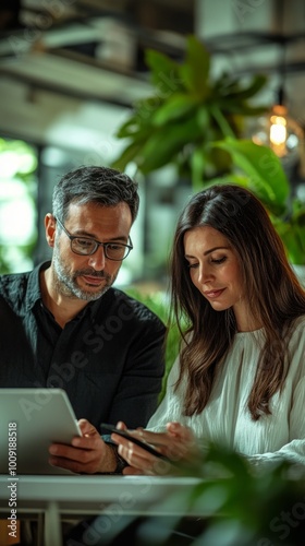 A man and a woman are looking at a tablet together